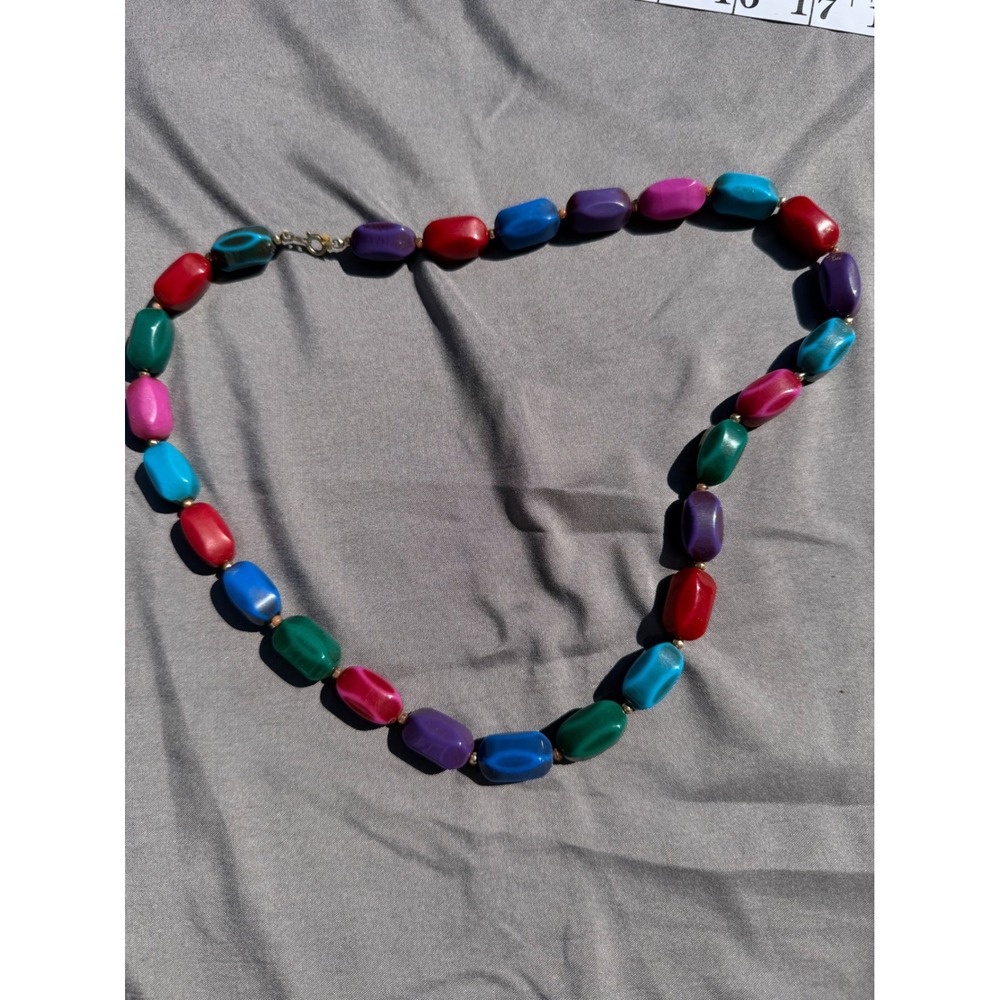 Vintage 80s Chunky Lucite Bead Necklace 24" Jewel Tone Faux Agate Acrylic